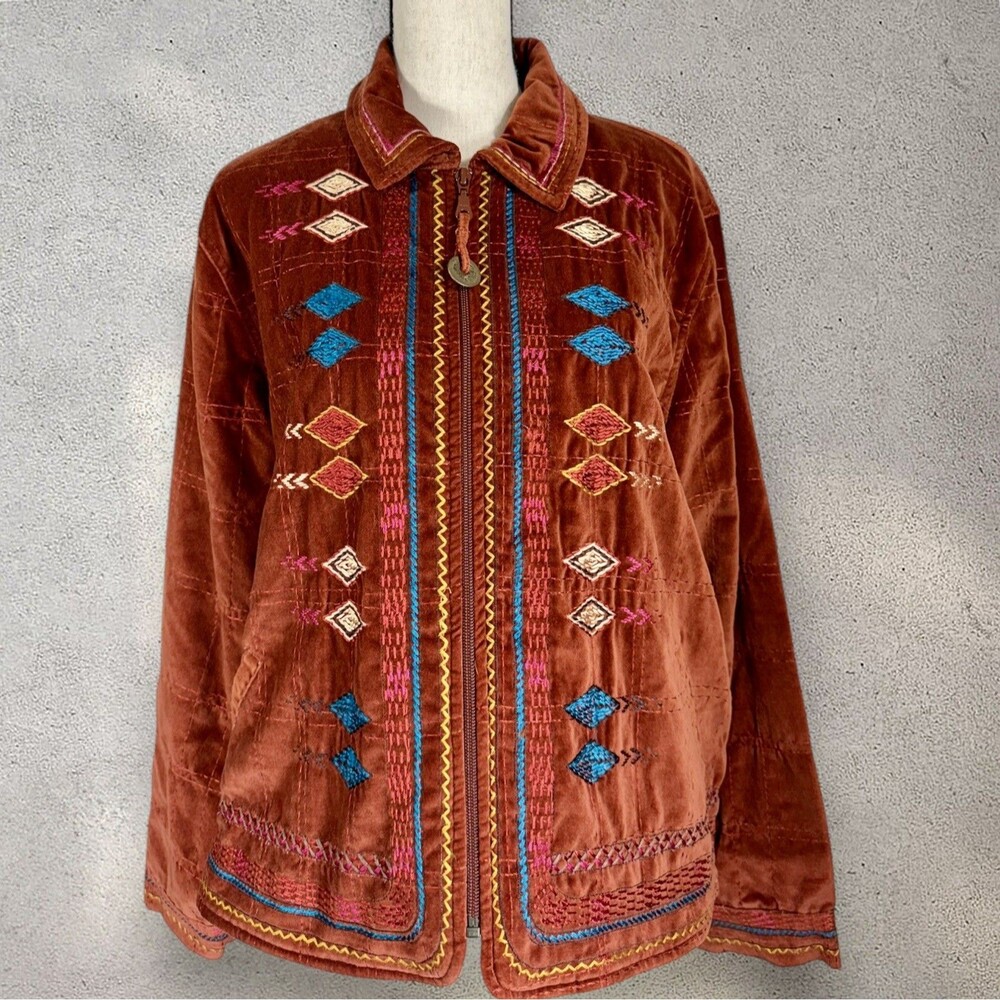 Coldwater Creek New Deadstock Southwestern Rust Velvet Embroidered‎ Jacket P-XL